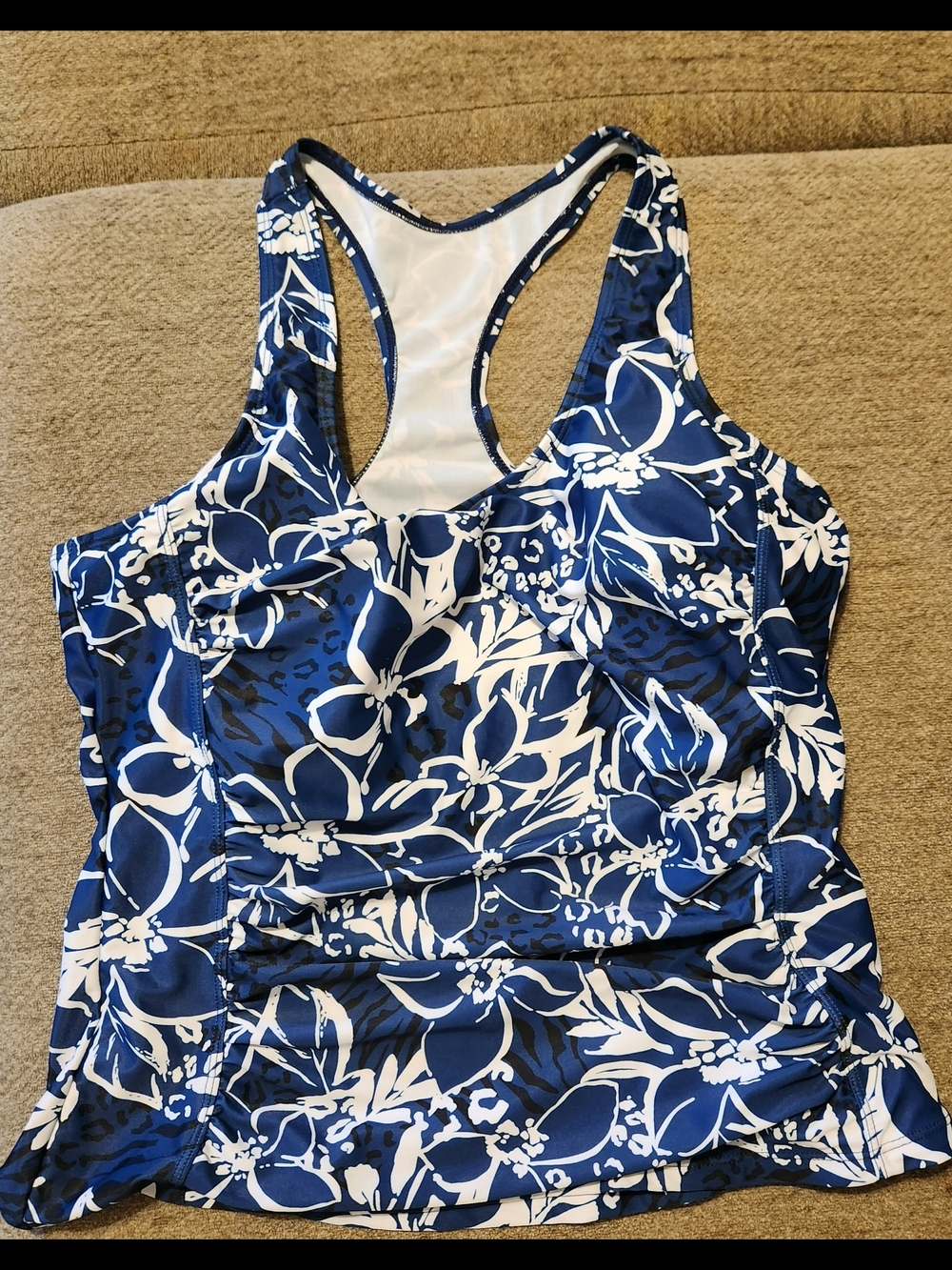 Women’s Blue & White Floral Racerback Swim Tank Large
